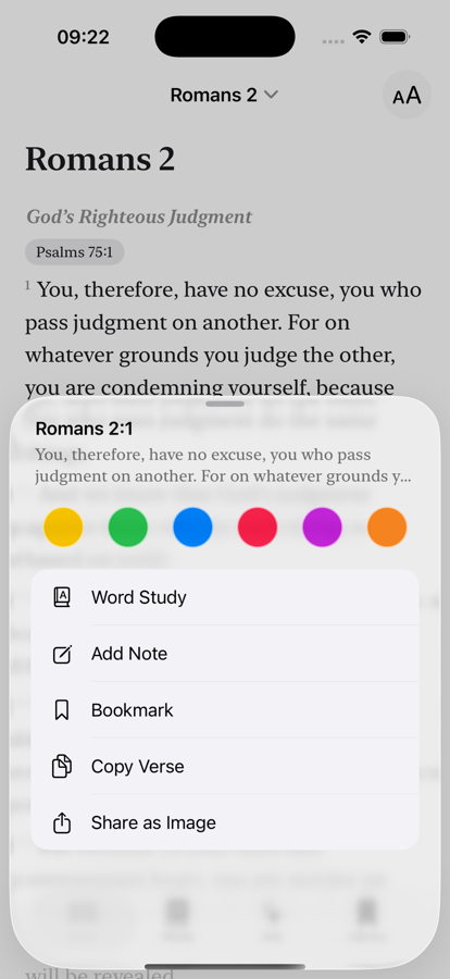 Tap any verse to highlight, note, bookmark, copy, or share